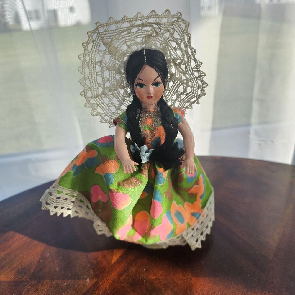 1960s Vintage Mexican Folk Art Souvenir Doll with Lace Resplandor Headdress